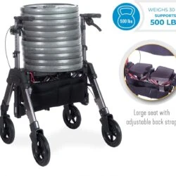 Bariatric EZ Fold N Go Rollator supporting weight plates, highlighting 500 lbs capacity.