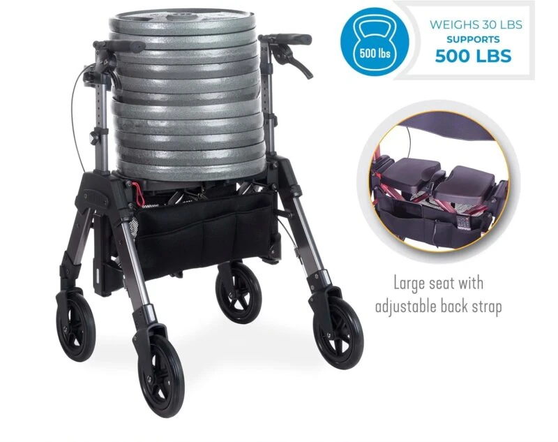Bariatric EZ Fold N Go Rollator supporting weight plates, highlighting 500 lbs capacity.