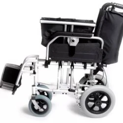 Folded heavy duty transit wheelchair with visible wheels and frame.