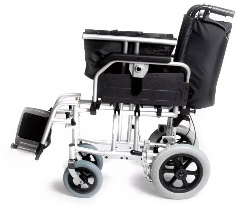 Folded heavy duty transit wheelchair with visible wheels and frame.