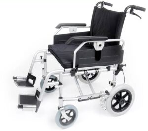 Bariatric heavy duty transit wheelchair with extra wide seat and solid wheels.