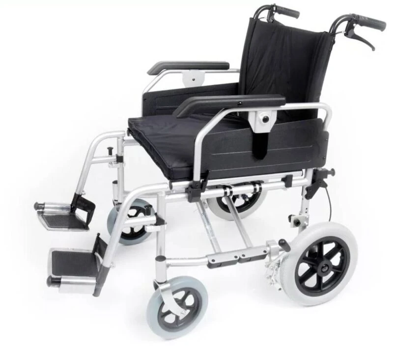 Bariatric heavy duty transit wheelchair with extra wide seat and solid wheels.