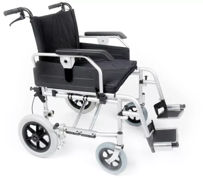 Bariatric transit wheelchair with extra wide seat and sturdy frame.