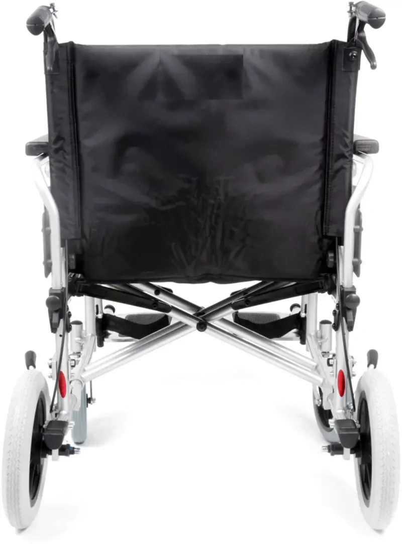 Rear view of a Bariatric Heavy Duty Transit Wheelchair with black upholstery.