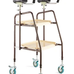 Forearm support indoor trolley with two trays and blue wheels.