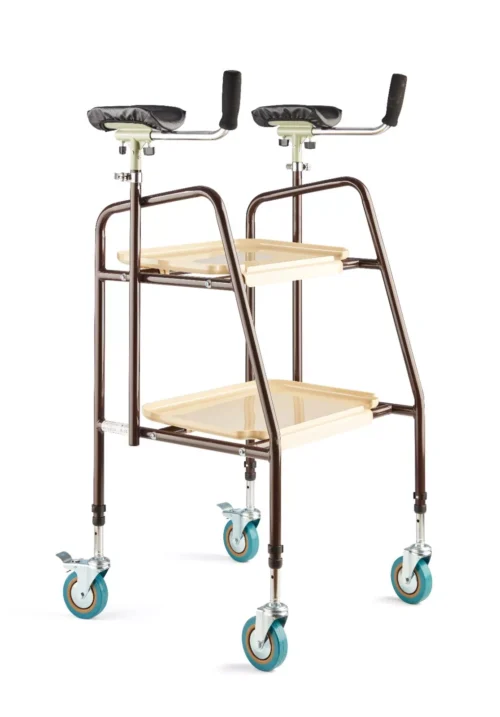 Forearm support indoor trolley with two trays and blue wheels.