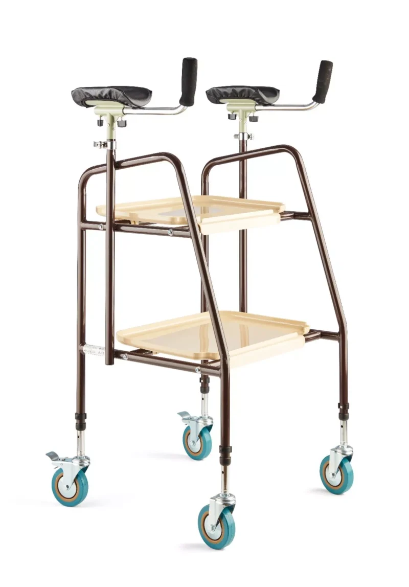 Forearm support indoor trolley with two trays and blue wheels.