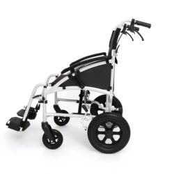 Side view of a lightweight aluminum transit wheelchair with black seat and armrests.