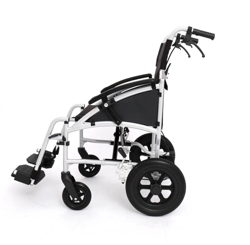 Side view of a lightweight aluminum transit wheelchair with black seat and armrests.