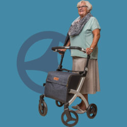 Person using the Rollz Flex Shopper rollator with a large bag.
