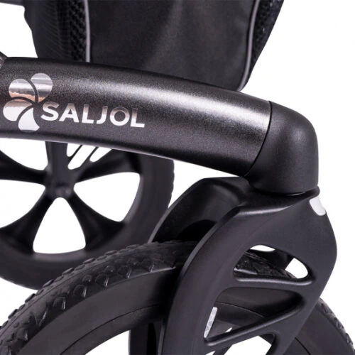 Close-up of a Saljol rollator wheel and handle with logo.
