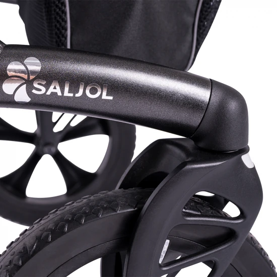 Close-up of a Saljol rollator wheel and handle with logo.