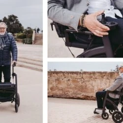 Man using Rollz Motion as a rollator and electric wheelchair outdoors.