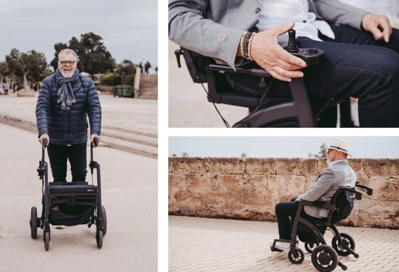 Man using Rollz Motion as a rollator and electric wheelchair outdoors.