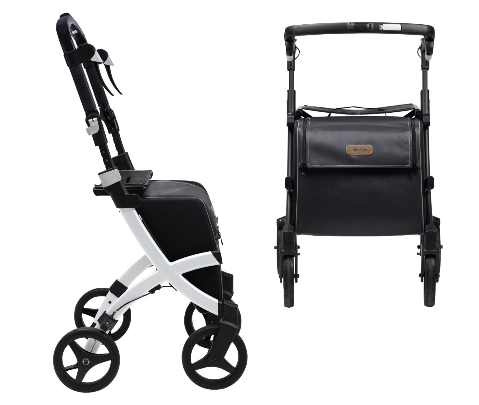 Side and front view of Rollz Flex Shopper rollator with black seat and bag.