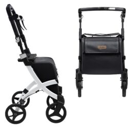 Side and front view of Rollz Flex Shopper rollator with black seat and bag.