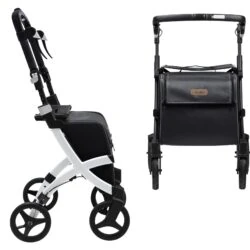 Side and front view of Rollz Flex Shopper rollator with black seat and bag.