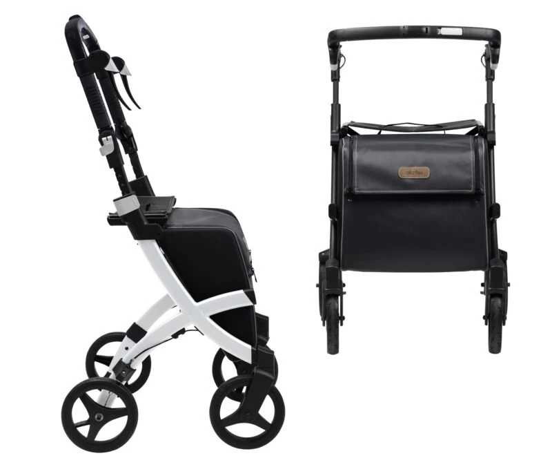 Side and front view of Rollz Flex Shopper rollator with black seat and bag.