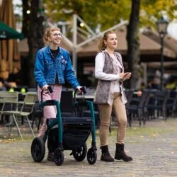 Two people outdoors, one using the Rollz Motion Performance walker.