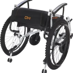 Rear view of MobiQuip G-Explorer All-Terrain Wheelchair with large tires.