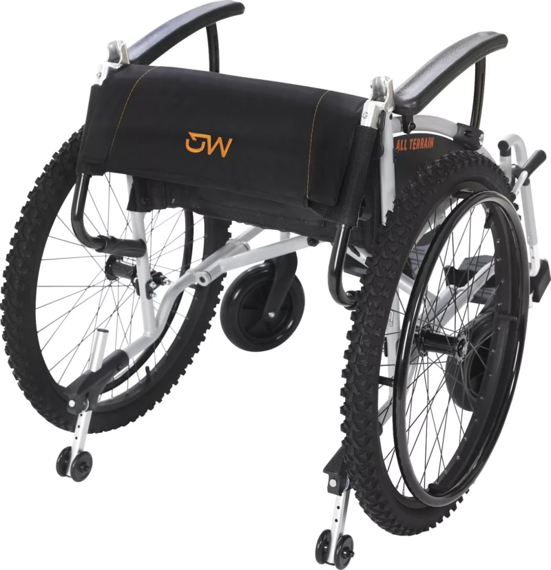 Rear view of MobiQuip G-Explorer All-Terrain Wheelchair with large tires.