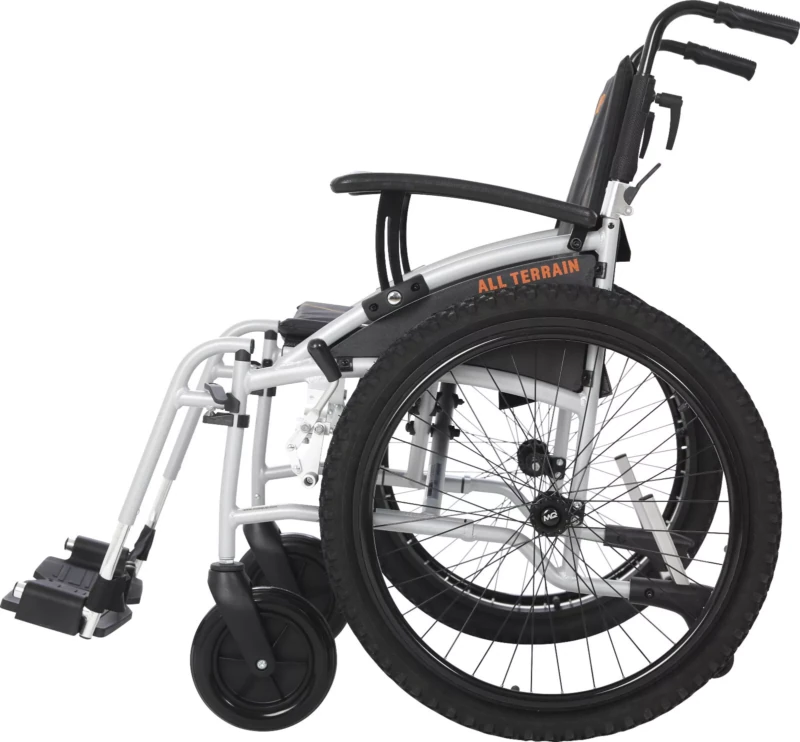 Side view of MobiQuip G-Explorer All-Terrain Wheelchair with large wheels.
