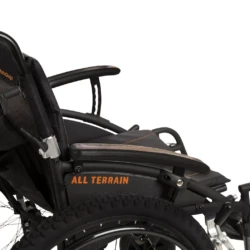 Side view of MobiQuip G-Explorer All-Terrain Wheelchair with visible armrests and rear wheel.