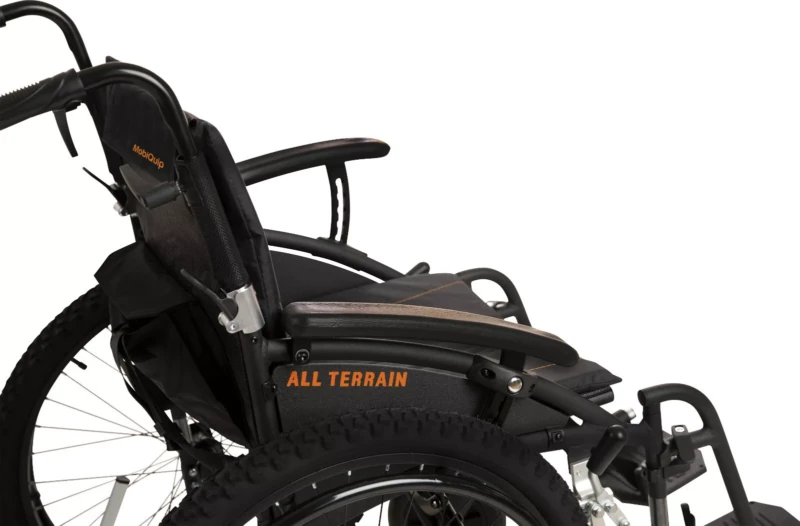 Side view of MobiQuip G-Explorer All-Terrain Wheelchair with visible armrests and rear wheel.
