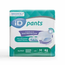 Front view of iD Pants packaging showing features and size.