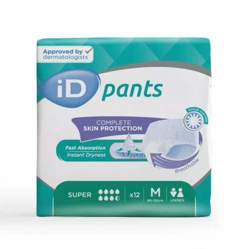 Front view of iD Pants packaging showing features and size.