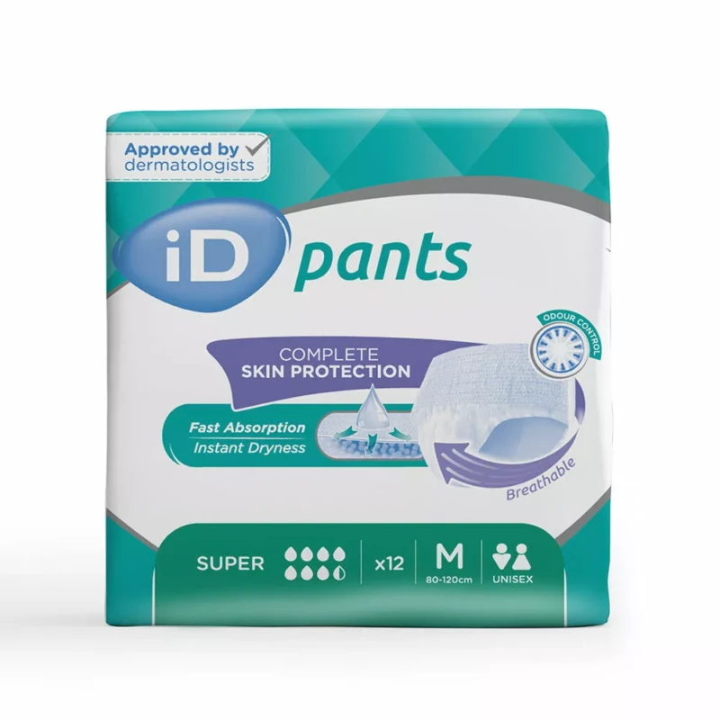 Front view of iD Pants packaging showing features and size.