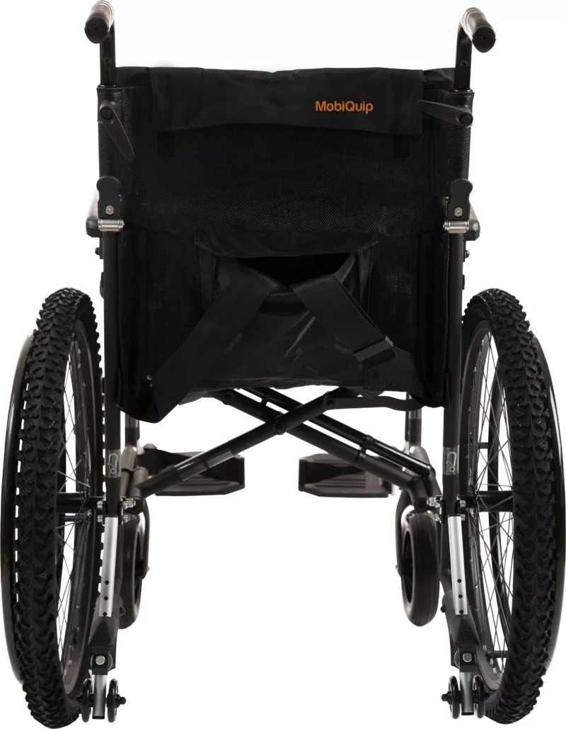 Rear view of MobiQuip G-Explorer All-Terrain Wheelchair showing large wheels and handles.