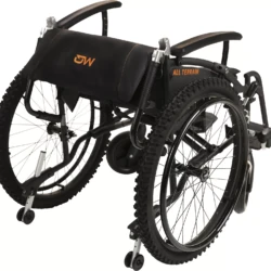 Folded MobiQuip G-Explorer All-Terrain Wheelchair with visible rugged tires.