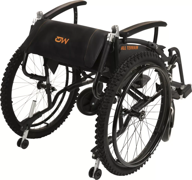 Folded MobiQuip G-Explorer All-Terrain Wheelchair with visible rugged tires.