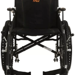 Front view of MobiQuip G-Explorer wheelchair with black seat and orange logo.