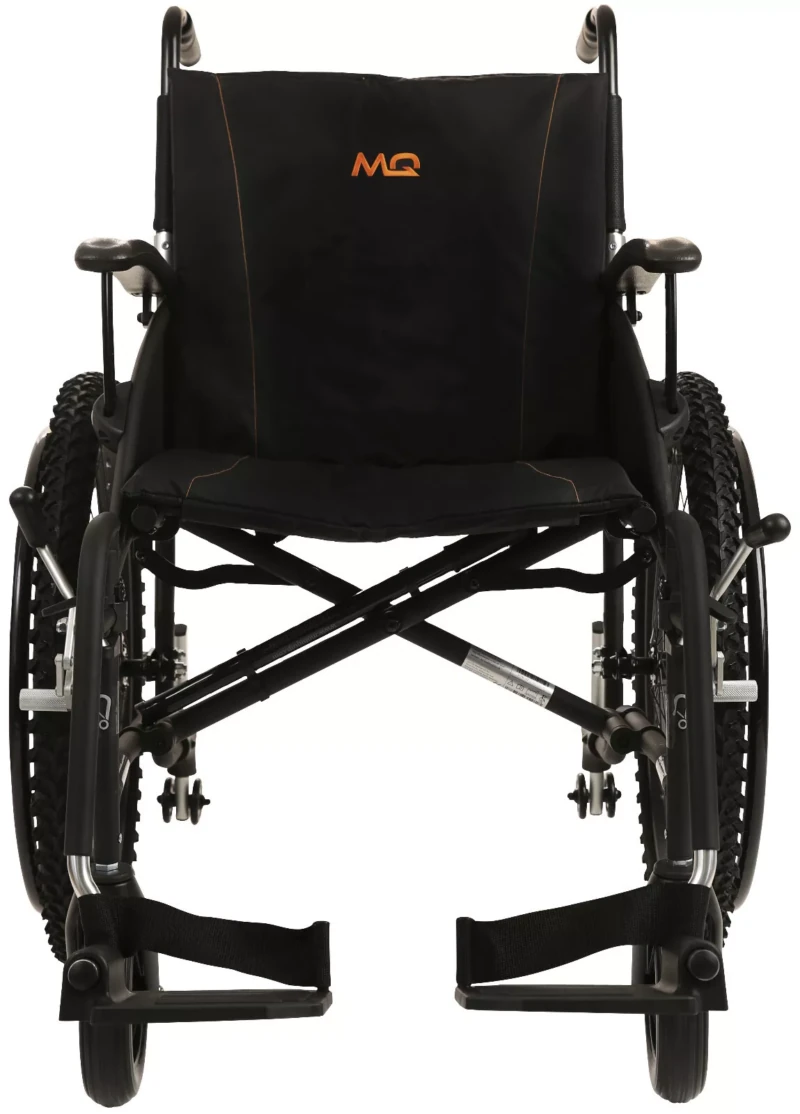 Front view of MobiQuip G-Explorer wheelchair with black seat and orange logo.