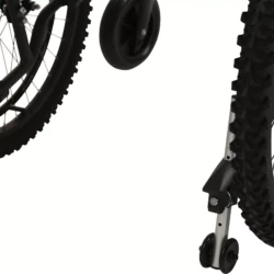 Close-up of MobiQuip G-Explorer Wheelchair wheels with anti-tip mechanism.