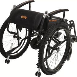 Folded MobiQuip G-Explorer All-Terrain Wheelchair with visible all-terrain wheels.