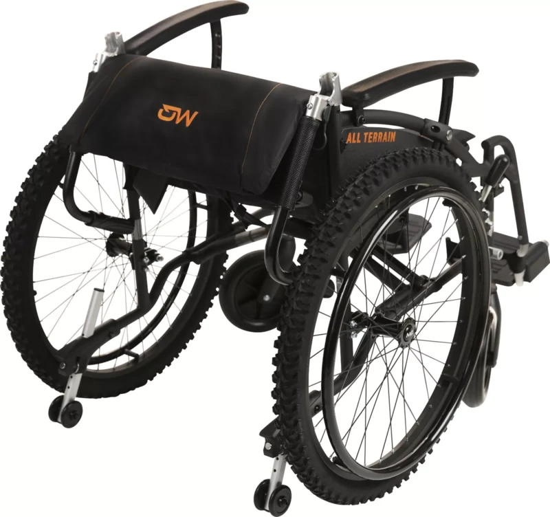 Folded MobiQuip G-Explorer All-Terrain Wheelchair with visible all-terrain wheels.