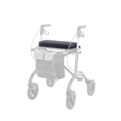 Padded seat accessory on a rollator frame.