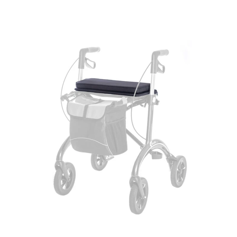 Padded seat accessory on a rollator frame.