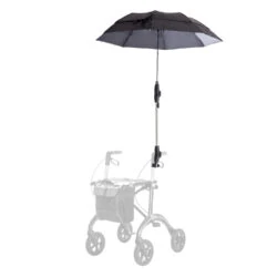 Black umbrella attached to a rollator.