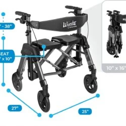Bariatric EZ Fold N Go Rollator with dimensions and folded view.
