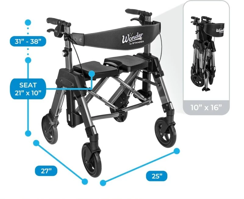 Bariatric EZ Fold N Go Rollator with dimensions and folded view.