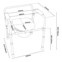 Diagram showing dimensions of a bedside commode with adjustable legs and flip-up seat.