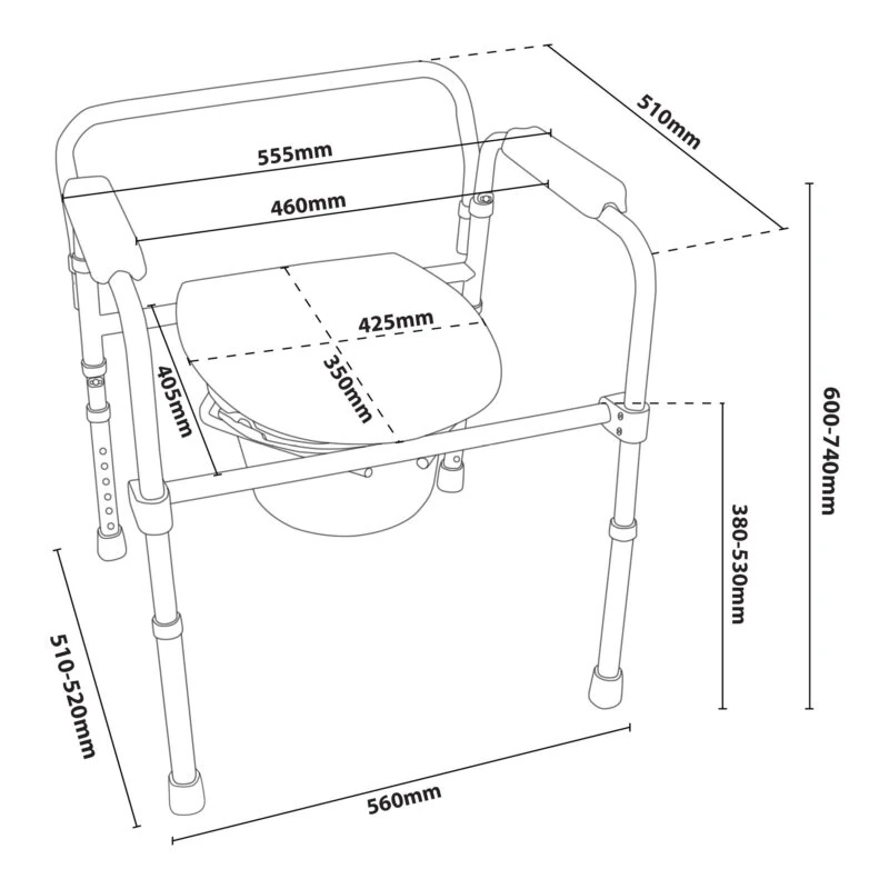 Diagram showing dimensions of a bedside commode with adjustable legs and flip-up seat.
