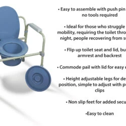 Bedside commode with blue flip-up seat and adjustable legs.