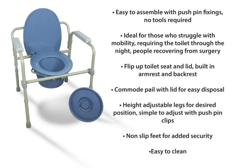 Bedside commode with blue flip-up seat and adjustable legs.