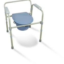 Bedside commode with flip-up toilet seat and adjustable legs.