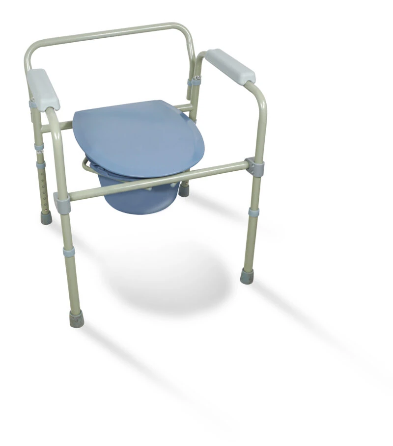 Bedside commode with flip-up toilet seat and adjustable legs.